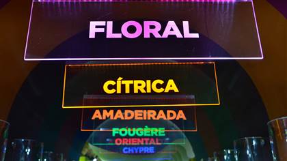 Foto do corredor da classificação olfativa, com placas indicando as famílias olfativas: Floral, Cítrica, Amadeirada, Fougere,Oriental e Chypre.